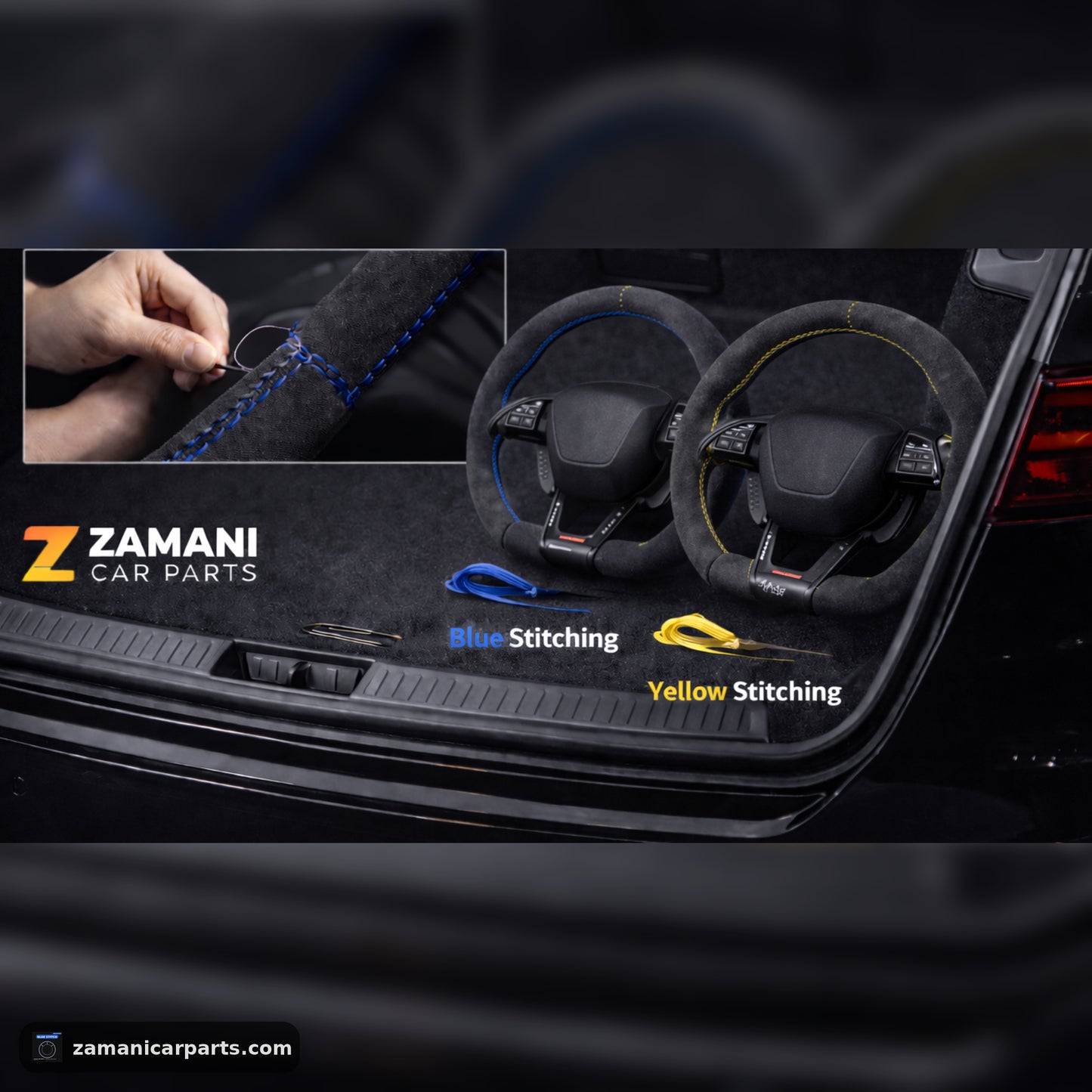 Zamani Grip DIY Suede Steering Wheel Wrap (Blue/Yellow Stitch)
